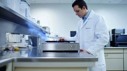 A researcher in a white lab coat beside a high-octane stainless steel electric stove on a lab