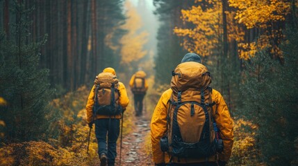 Fototapeta premium Hikers in yellow jackets trekking through an autumn forest trail.