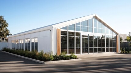 Obraz premium Modern Architectural Design: A sleek, contemporary building with expansive glass windows and a striking A-frame roof design. The building is set against a bright, sunny sky.
