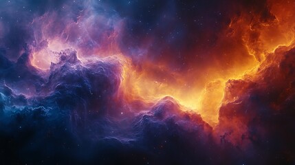 A vibrant cosmic nebula with swirling clouds of gas and dust in shades of blue, purple, and orange, with a scattering of stars in the background.
