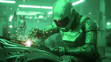 robotic mechanic performing welding on car parts with sparks and molten metal flying in a dark industrial garage with vivid neon green lighting showcasing high detail and 3D rendering