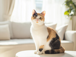 A charming calico cat, with its distinctive tri-color coat, sits alert on a white couch.
