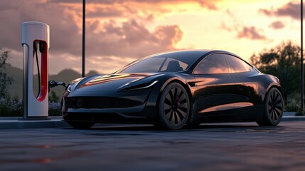 Obraz premium A futuristic electric vehicle being charged at a cutting-edge rapid charging station.