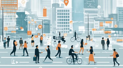 Obraz premium A smart city concept with people connected to IoT devices, all linked to a secure internet