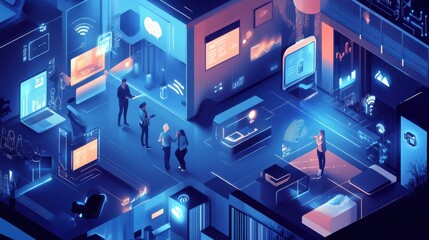 Fototapeta premium A smart home scene where IoT devices connect to a secure cloud network, with