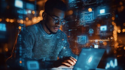 A software engineer coding on a laptop, surrounded by holographic symbols of