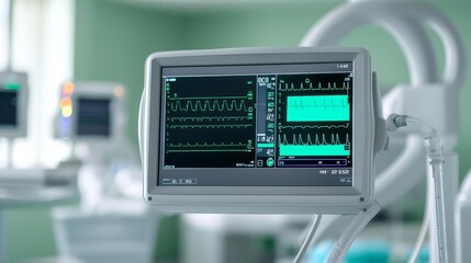 Medical monitor displaying vital signs in a hospital setting, indicating patient health metrics and heart rate on a clear screen.