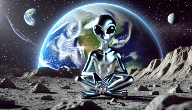 A silver alien is sitting on a rocky surface in front of a large planet. The scene is surreal and mysterious, with the alien appearing to be in a meditative state. The combination of the alien