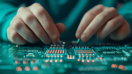 Close-up of hands working on a circuit board, showcasing intricate components and connections. Ideal for technology and engineering themes.