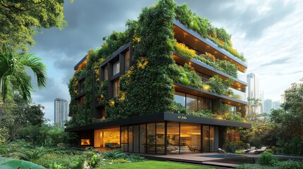 Naklejka premium Modern eco-friendly building surrounded by lush greenery.