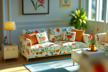A cozy living room with a floral patterned sofa and a blue rug