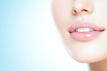 Obraz premium Close-up of a woman's lips showcasing a natural glossy shine, perfect for beauty and skincare themes.