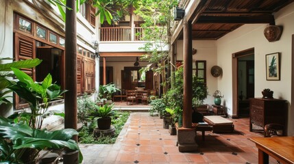 Fototapeta premium A traditional Vietnamese home in Hanoi, with a lush garden courtyard and antique