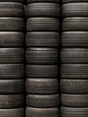 Obraz premium A stacked arrangement of numerous black tires, featuring textured surfaces and patterns, showcasing their use in vehicles.