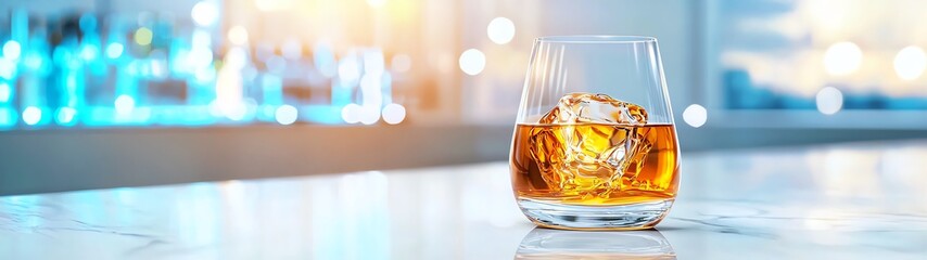 Fototapeta premium A close-up view of a whiskey glass filled with a golden drink and ice, set on a bright bar counter. Perfect for beverage promotions.
