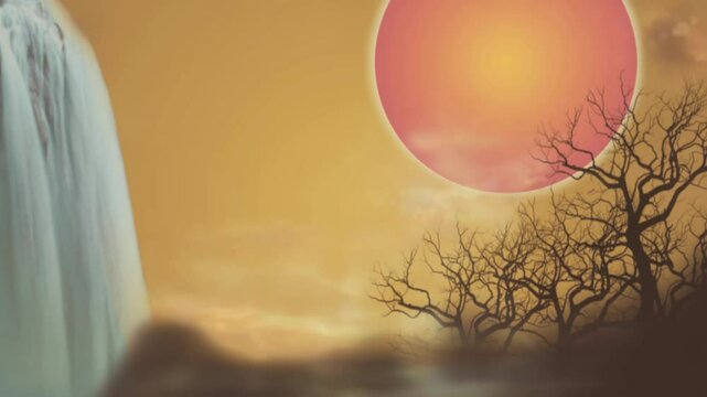 the sun and the moon, landscape with waterfall 