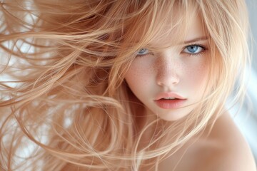 Naklejka premium Close-up portrait of a young woman with flowing blond hair, captivating blue eyes, and a soft expression, conveying beauty and grace.