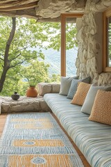 Fototapeta premium Cozy rustic lounge with nature view through large window