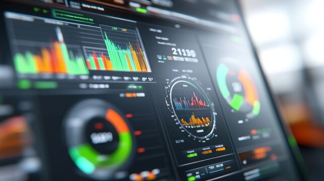 Close-up view of data analytics dashboard showcasing colorful graphs, charts, and numeric data for business insights.