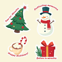 New Year stickers on a beige background. A funny snowman, a gift, a tilted Christmas tree, a cup with cocoa and marshmallows, and a candy cane. Vector illustration
