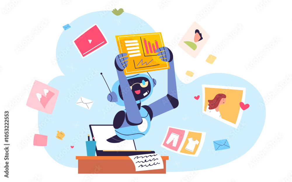 Poster ai content creation. artificial intelligence automation work in computer cyberspace, social media de