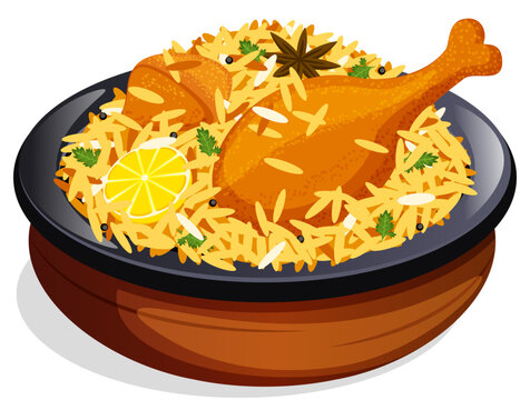 Matka Chicken Biryani Isolated. Traditional Indian Cuisine Served in Earthen Pot. Authentic Dish Detailed Illustration 