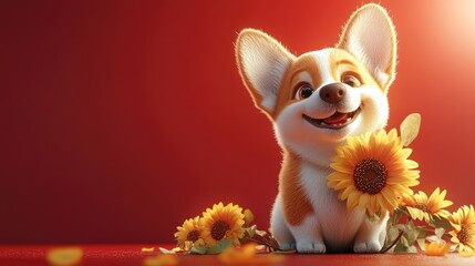 Naklejka premium A cute cartoon corgi puppy holding sunflowers with a red background.