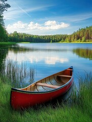 Obraz premium A red canoe rests on the shore of a calm lake, surrounded by lush green trees. AI.