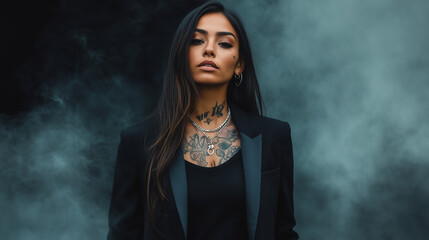 Fototapeta premium Modelka o hiszpańskim pochodzeniu z długimi włosami, ubrana w prosty czarny t-shirt oraz klasyczny żakiet, emanuje zadziornością. Jej skórne tatuaże i efektowna biżuteria podkreślają jej indywidualnoś