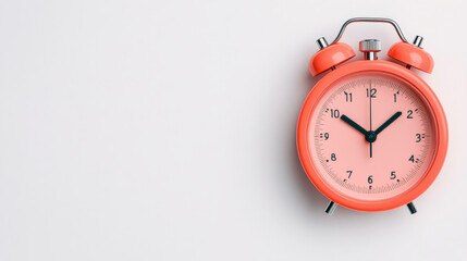 Pink Alarm Clock on White Background: A classic red alarm clock resting on a pristine white background, symbolizing the urgency and importance of time management.
