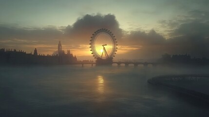 Obraz premium Serene Sunset Over the City: A Tranquil Landscape of Reflection and Wonder