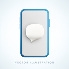 Vector cartoon 3d smartphone with white screen and empty speech bubble. Cute minimal realistic mobile phone 3d render. New message notification, Social media chat sign, online dialog concept.