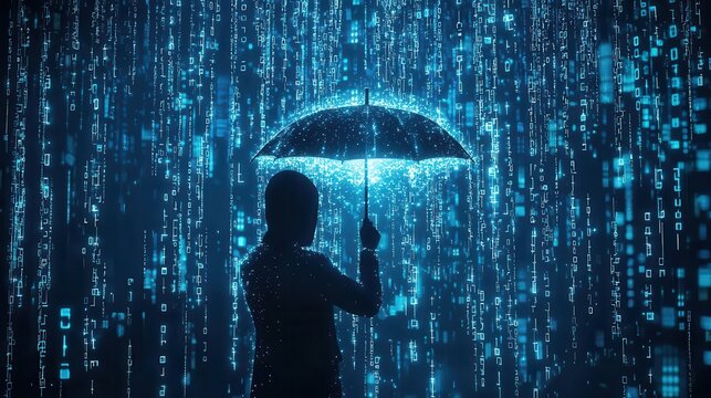 A digital silhouette holding up a glowing umbrella, deflecting streams of data trying to breach their privacy from all directions