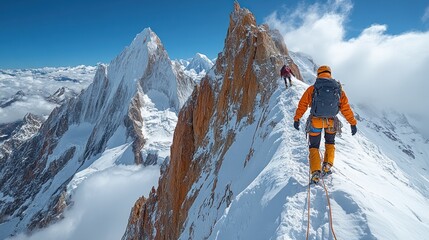 Climbers navigating a snowy mountain ridge under a clear sky.