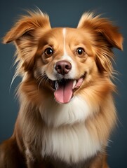 Fototapeta premium : This adorable dog with large fluffy ears and a bright smile sits joyfully in a studio, its tongue out and fur shining. The playful, friendly energy radiates from the portrait. 