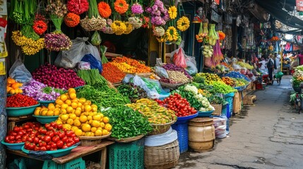 Obraz premium The vibrant colors of Hanoi's street market, with stalls overflowing with fresh produce,