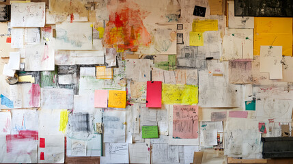 Creative brainstorming wall filled with colorful sketches and ideas