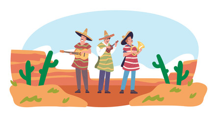 Hispanic musicians. Mexican musician in mariachi sombrero hat, latin music band playing on guitar and trumpet instrument artist performance in mexico desert vector illustration