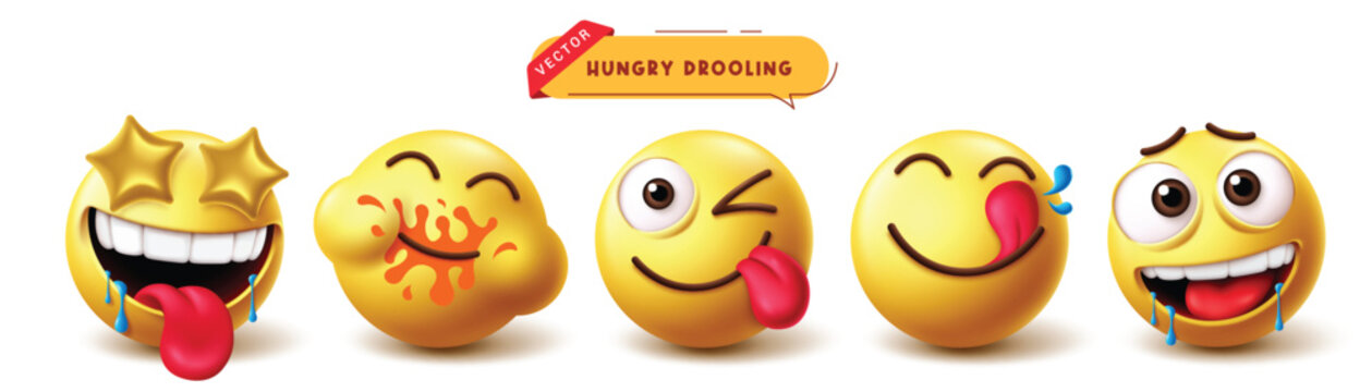 Emoji hungry characters vector set. Emojis drooling emoticon like craving, starving, thirsty and leaking facial expression 3d character yellow icon collection. Vector illustration emojis hungry icon 