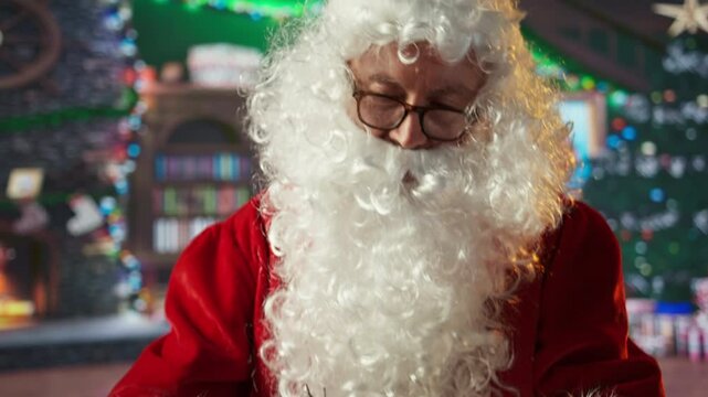 Saint Nicholas prepares a festive gift box by the fire in workshop. The North Pole cabin is alive with holiday decorations and the magic of giving, Santa packs presents for children. Camera B.