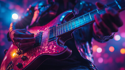 Obraz premium A man is playing guitar on stage, close-up.