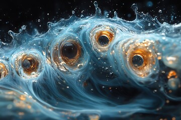 Abstract image of swirling blue and gold liquid with bubbles.