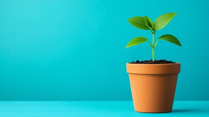 Obraz premium A fresh green plant growing in a simple pot on a vibrant teal background symbolizing new beginnings and nature's beauty