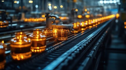 Obraz premium Industrial production line with glowing glass containers.
