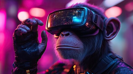 A chimpanzee wearing a VR headset, with a city scape visible through the headset, in front of a vibrant pink and blue backdrop.