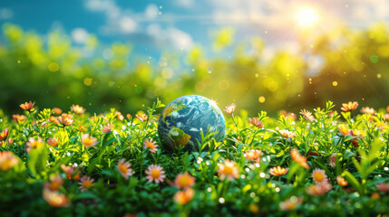 Model earth and globe world in wildflower and grass of tropical garden in natural sunlight in the wild. It represents the conservation of natural resources and the environment. World ozone day