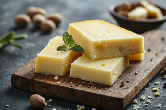 A close-up of a wooden cutting board with three pieces of cheese, a sprig of rosemary, and a few nuts