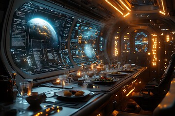 A futuristic spaceship interior with a dining table set against a panoramic view of Earth.