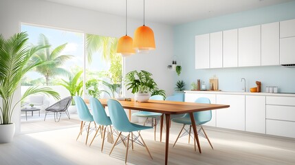 Bright and airy modern dining room with tropical vibe