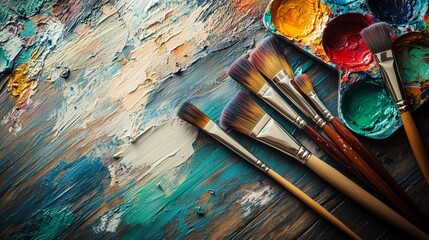 Fototapeta premium Artist paintbrushes palette canvas wooden table vibrant colors textures сopy space. AI generated